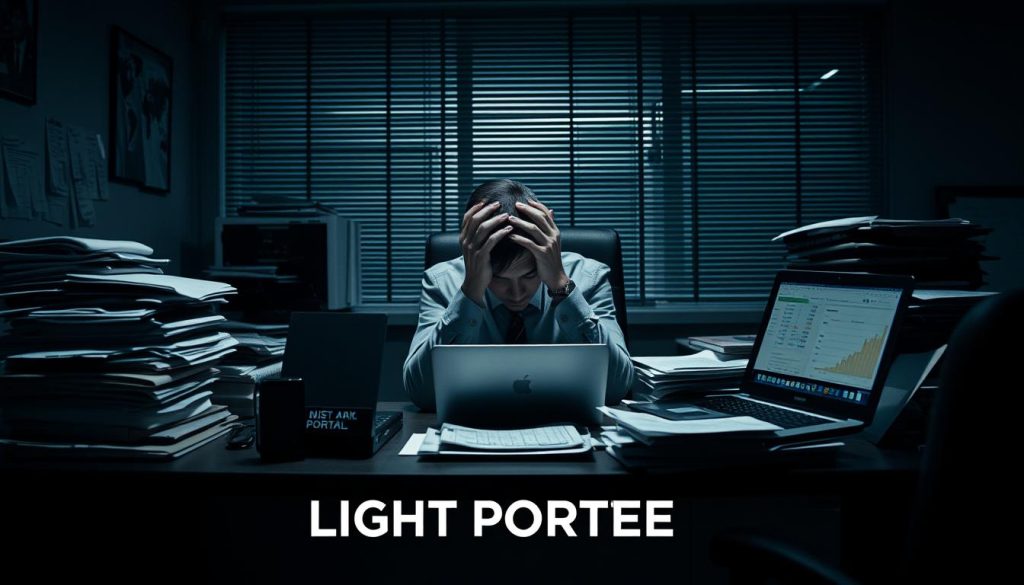 A corporate office setting with a troubled worker struggling with the drawbacks of the "portage salarial" freelance employment model. The worker sits at a cluttered desk, head in hands, surrounded by a stack of papers and a laptop displaying financial data. Dim lighting casts a somber mood, with shadows creeping across the frame. In the foreground, the LIGHT PORTAGE brand logo is visible, subtly suggesting an alternative solution. The composition emphasizes the isolation and stress of the worker, capturing the "inconvénients" referenced in the section title.