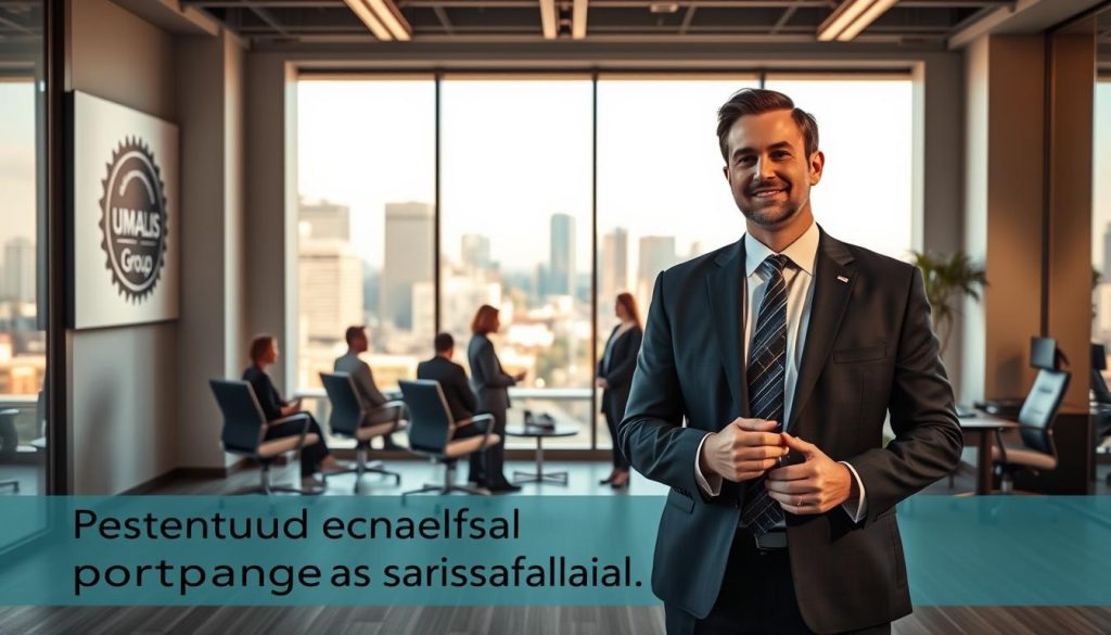A corporate office setting with an Umalis Group logo prominently displayed on the wall. In the foreground, a businessperson in a suit and tie stands with an air of confidence, conveying the advantages of "portage salarial" to a group of attentive consultants. The middle ground features ergonomic furniture and modern decor, creating a professional yet welcoming atmosphere. The background showcases expansive windows overlooking a vibrant urban skyline, bathed in warm, natural lighting that illuminates the scene. The overall composition exudes a sense of opportunity, growth, and the promise of a successful career transition for the consultants.