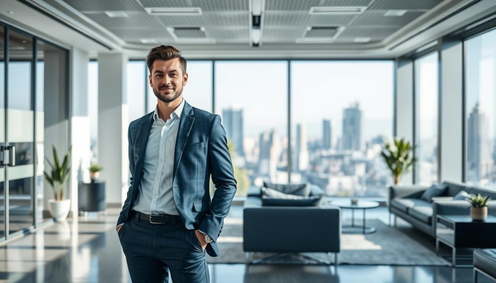 A corporate office setting with bright natural lighting, sleek modern furnishings, and clean lines. In the foreground, a well-dressed professional stands confidently, representing the security and flexibility offered by the Umalis Group's salaried employment solution. In the middle ground, a seamless flow of remote and on-site work, symbolizing the portage salarial's portable nature. The background features a cityscape, hinting at the diverse opportunities available to independent professionals under the Umalis Group's model. The overall mood is one of professionalism, empowerment, and a harmonious work-life balance.