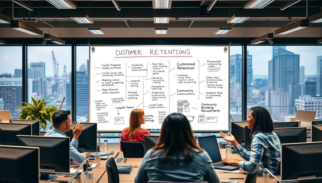A corporate office setting with rows of desks, computer screens, and productivity-focused decor. In the foreground, a group of Umalis Group employees engaged in a lively discussion, gesturing and interacting. In the middle ground, a large whiteboard displaying various customer retention strategies, such as loyalty programs, personalized communications, and community-building initiatives. The background features large windows overlooking a bustling city skyline, creating a sense of energy and ambition. The lighting is warm and professional, with a balanced composition that captures the collaborative and strategic nature of customer retention efforts.