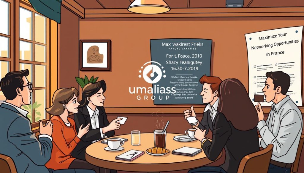 A cozy French cafe, the smell of freshly brewed coffee and croissants wafting through the air. At a table by the window, a group of professionals engage in animated conversation, exchanging business cards and discussing potential collaborations. The Umalis Group logo is prominently displayed, a symbol of the network's reach and influence. In the background, a board lists upcoming networking events, inviting attendees to "Maximize Your Networking Opportunities in France." The mood is one of camaraderie and opportunity, with the warm lighting and intimate setting creating an atmosphere conducive to building meaningful professional connections.