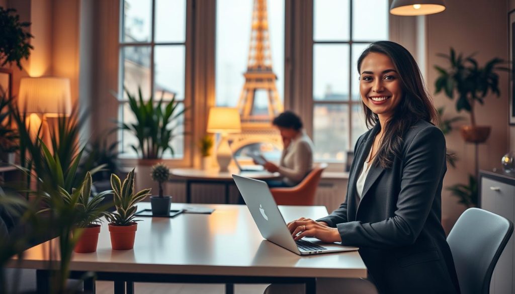 A cozy Parisian office setting, showcasing the success story of Portage Salarial. In the foreground, a young professional woman smiles confidently, dressed in chic French attire, her laptop open on a sleek, minimalist desk. Warm, ambient lighting casts a soft glow, and potted plants dot the space, creating a serene, sophisticated atmosphere. In the middle ground, a colleague reviews documents, illustrating the collaborative nature of this flexible employment arrangement. The background features the iconic Eiffel Tower visible through large windows, a symbolic nod to the Parisian context. The overall scene conveys a sense of professional fulfillment, work-life balance, and the allure of the Portage Salarial model.