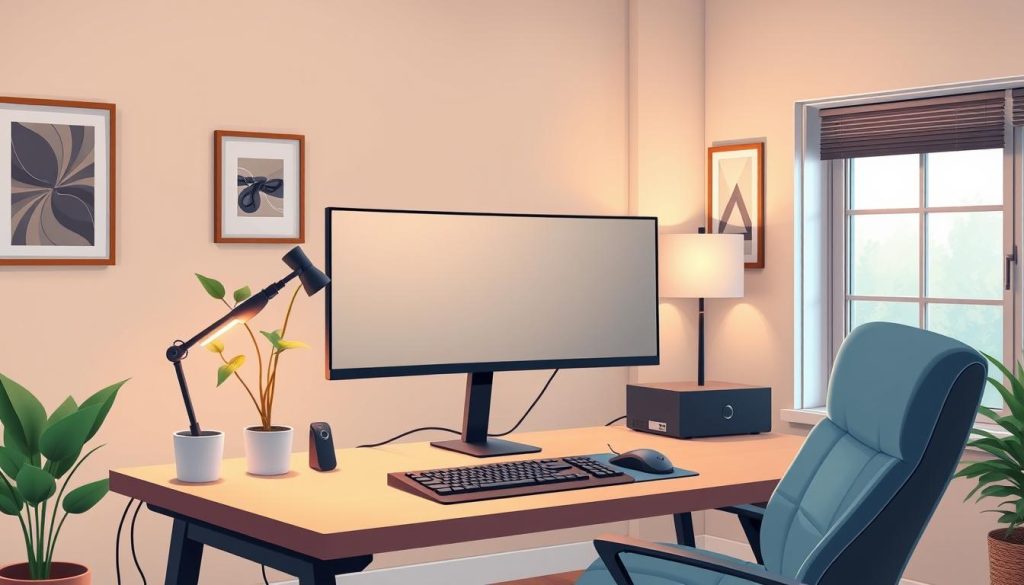 A cozy and efficient remote work setup in a well-lit home office. A sleek, minimalist desk with a high-resolution dual-monitor display, a state-of-the-art wireless mechanical keyboard, and a high-precision ergonomic mouse. Elegant task lighting casts a warm glow, complemented by large windows that flood the space with natural daylight. A plush, supportive office chair and a potted plant add a touch of life. The background features muted, calming wall colors and carefully curated artwork, creating a serene and focused atmosphere for maximum productivity.
