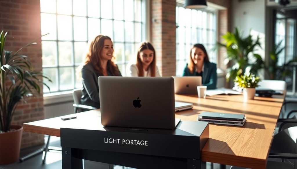 A cozy and modern office space, filled with natural light streaming through large windows. A LIGHT PORTAGE branded desk takes center stage, showcasing a sleek laptop and organized workspace. In the background, a team of professionals collaborate, their faces expressing contentment and fulfillment. The scene radiates a sense of balance, flexibility, and the empowerment that comes with a "portage salarial" arrangement. The overall atmosphere is one of professionalism, productivity, and a harmonious work-life integration.