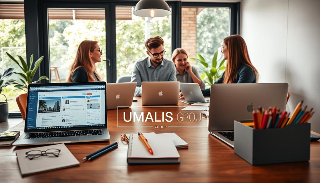 A cozy and modern workspace featuring collaborative freelance tools prominently displayed on a wooden desk. In the foreground, there are laptops with open project management software, stylish notebooks, and colorful stationery. The middle layer includes professionals in business casual attire engaged in a brainstorming session, exchanging ideas with friendly expressions. The background showcases a large window allowing natural light to stream in, highlighting the vibrant greenery outside. The atmosphere is warm and inviting, conveying a sense of productivity and teamwork. Soft shadows enhance the depth of the image, and the overall composition reflects a polished yet creative environment, emphasizing collaboration. Include the brand name "UMALIS GROUP" subtly integrated into the workspace decor.