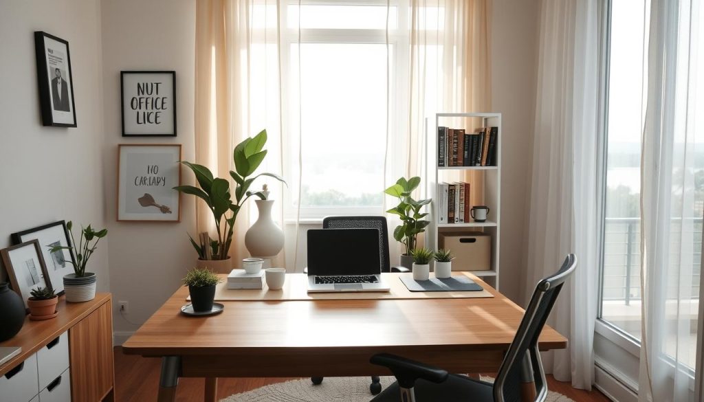A cozy and organized home office, illuminated by soft, natural lighting that filters through sheer curtains. In the foreground, a sturdy wooden desk with clean lines and a modern laptop setup, surrounded by carefully curated decor - potted plants, minimalist art prints, and a few personal touches. The middle ground features a comfortable, ergonomic office chair and a bookshelf filled with inspiring titles. In the background, a large window overlooks a tranquil outdoor scene, creating a serene and productive environment. This image reflects the essential self-care practices for freelancers, with a focus on setting healthy boundaries between work and life. Umalis Group.