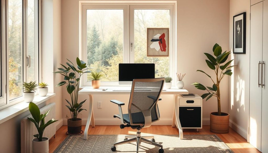 A cozy and productive home office setup, bathed in warm natural light filtering through large windows. Sleek, minimalist desk and ergonomic chair from the Umalis Group, creating a clutter-free and focused workspace. Potted plants and a tasteful piece of wall art add subtle touches of personality. The room exudes a tranquil, contemplative atmosphere, ideal for deep work and undistracted productivity. A clean, efficient, and inspiring environment that empowers the freelancer to manage their time effectively.