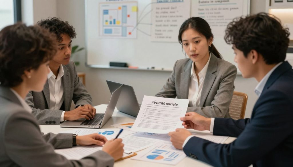 A cozy and professional office environment depicting a group meeting focused on "sécurité sociale." In the foreground, a diverse group of three professionals in business attire - a man and woman of different ethnicities discussing a document on social security benefits. In the middle, a large table scattered with papers, charts, and laptops, highlighting elements of social security, unemployment, and retirement benefits. The background features a whiteboard with diagrams and key points written. Soft, warm lighting creates an inviting atmosphere, enhancing the sense of collaboration and understanding. The camera angle is slightly elevated, focusing on the interactions while capturing the overall setting’s ambiance, conveying a mood of empowerment and teamwork in the context of social protection for employees.