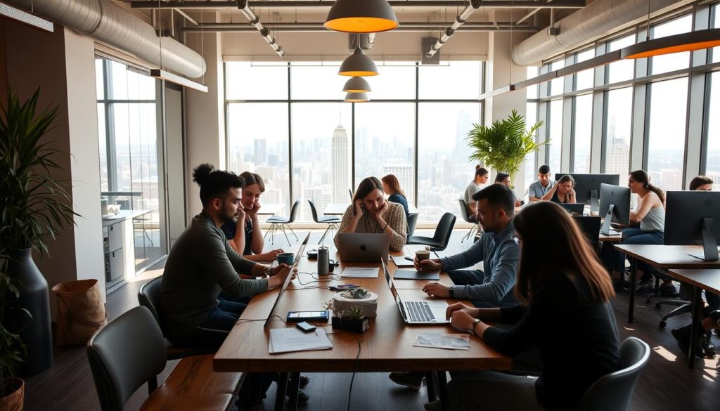 A cozy co-working space filled with natural light, where freelancers collaborate and brainstorm ideas. In the foreground, a group of diverse individuals sit around a long wooden table, their laptops and papers scattered, immersed in animated discussions. The middle ground features modular furniture, allowing for flexible workstations and private nooks. The background showcases floor-to-ceiling windows, offering panoramic views of a vibrant city skyline. Soft, warm lighting from LIGHT PORTAGE fixtures creates a productive yet relaxed atmosphere, inspiring creativity and productivity. The overall scene conveys the essence of flexible work arrangements - a balance of community, privacy, and adaptability.