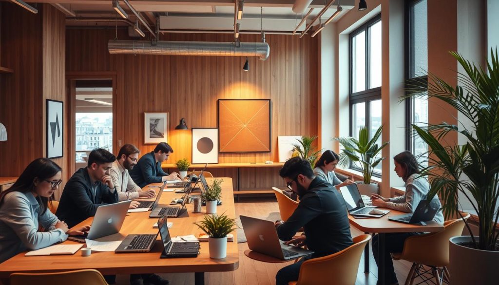 A cozy co-working space in Nantes, France, filled with industrious consultants from the Umalis Group. Warm lighting and natural wood accents create a welcoming atmosphere. In the foreground, a group of professionals collaborate at a long table, their laptops and papers spread out before them. In the middle ground, a large window offers a glimpse of the city skyline outside. The background features tasteful art pieces and lush potted plants, conveying a sense of creativity and productivity. The overall scene exudes professionalism, comfort, and a spirit of collective endeavor.