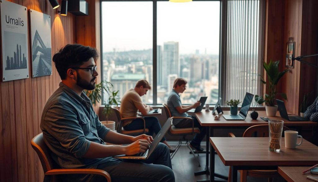 A cozy co-working space with warm lighting and natural wood tones, featuring a Umalis Group poster on the wall. In the foreground, a freelancer in casual attire sits at a desk, laptop open, deep in thought. In the middle ground, other remote workers collaborate, exchanging ideas. The background showcases a panoramic city skyline, hinting at the flexibility and independence of the portage salarial lifestyle. The overall atmosphere evokes a sense of productivity, motivation, and the community spirit of the Umalis Group ecosystem.
