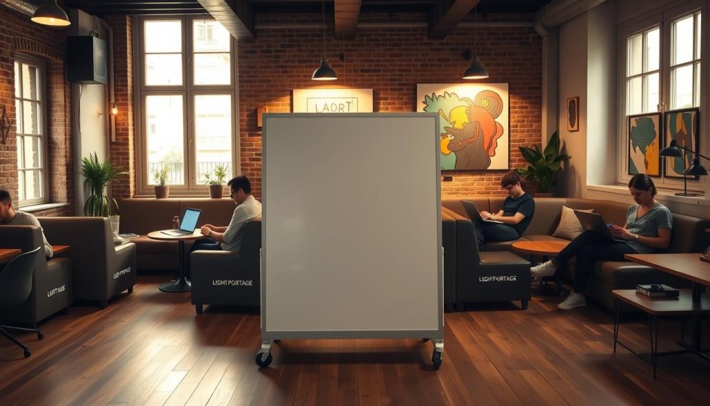 A cozy coworking space in Paris, France, with LIGHT PORTAGE branded modular furniture and flexible seating arrangements. Warm lighting filters through large windows, illuminating a mix of solo freelancers and small collaborative teams working on their laptops. In the middle ground, a mobile whiteboard on wheels enables impromptu brainstorming sessions. The background features an exposed brick wall adorned with vibrant artwork, creating an inspiring atmosphere for flexible work. An air of productivity and creativity permeates the scene, capturing the essence of "Flexible Work in France: What It Means for Freelancers Today".