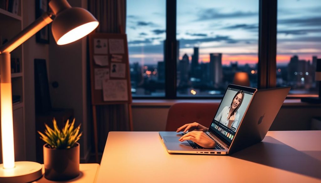 A cozy home office, bathed in warm, ambient lighting. In the foreground, a LIGHT PORTAGE desk lamp casts a soft glow, illuminating a pair of hands engaged in a video call on a sleek, minimalist laptop. In the middle ground, a bulletin board displays handwritten notes and sketches, representing the flow of communication between client and freelancer. The background features an expansive window, framing a tranquil city skyline at dusk, conveying a sense of connection and collaboration amidst the bustling urban landscape.
