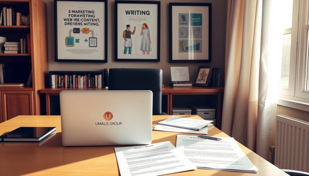 A cozy home office filled with natural light, a laptop, and neatly organized documents showcasing strategies for client prospecting and web content writing. In the foreground, a stylish desk with a Umalis Group logo prominently displayed. On the wall behind, framed art pieces depicting the freelance writing process. A bookshelf with relevant titles on marketing and digital content creation. Warm lighting casts a soft glow, creating an atmosphere of productivity and creativity. The scene conveys a sense of professionalism and expertise in the field of freelance writing and client acquisition.