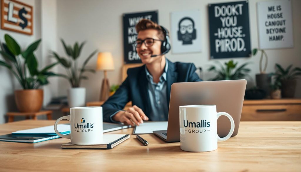 A cozy home office scene depicting a customer service representative at work, focusing on a young professional in smart casual attire, seated at a stylish desk with a laptop. The foreground shows the representative engaged in a friendly conversation, wearing headphones and smiling, conveying approachability. In the middle, various customer service tools like a notepad and a coffee mug marked with the logo "Umalis Group" are visible. The background features a well-lit room with plants and motivational posters to create a warm, inviting atmosphere. Use soft, natural lighting to enhance the focus on the subject and suggest a calm, productive work environment. The angle should be slightly elevated, offering a view of both the desk and the representative's engaged expression, reflecting a positive and professional work-from-home experience.