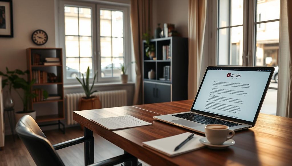 A cozy home office scene reflecting remote work in France, with a professional sitting at a sleek wooden desk, dressed in smart casual attire. In the foreground, include a laptop open to a compliance document, alongside a notepad and a cup of coffee. The middle ground features a potted plant and a small bookshelf filled with law books, emphasizing legal considerations. In the background, a large window reveals a sunny French street, enhancing the atmosphere of flexibility and independence. Soft, warm lighting illuminates the space, creating an inviting mood. The scene subtly incorporates elements suggesting the brand "Umalis Group," such as a logo on the laptop screen.