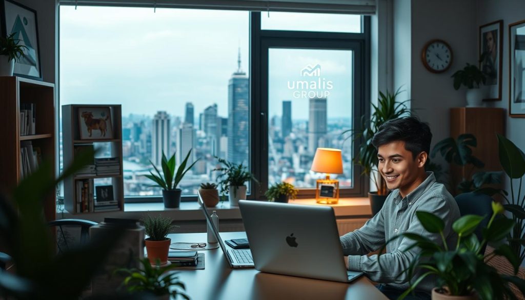 A cozy home office scene with a freelance professional working on a laptop. In the foreground, a person with a warm, focused expression sits at a desk, surrounded by plants and inspirational decor. In the middle ground, a bookshelf and framed artwork adorn the walls, creating a sense of productivity and creativity. The background features a large window overlooking a bustling city skyline, with the Umalis Group logo visible in the distance, symbolizing the growth and success of the freelance business. Soft, natural lighting illuminates the scene, conveying a sense of tranquility and professionalism.