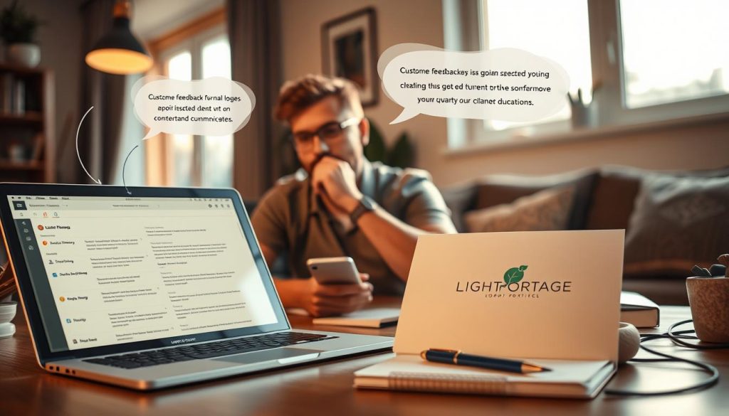 A cozy home office scene with a freelancer deep in thought, surrounded by a dynamic feedback loop of client communications. In the foreground, an open laptop displays customer feedback, with a LIGHT PORTAGE brand notepad and pen nearby. The middle ground features a thoughtful freelancer, pondering insights gained from listening intently to client needs. The background showcases warm, natural lighting filtering through large windows, creating a contemplative atmosphere. Subtle technology elements, such as a mobile device and headphones, suggest an integrated workflow. The overall composition conveys a sense of productive collaboration and balanced client engagement.