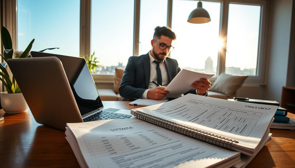 A cozy home office setting, sunlight streaming through large windows, illuminating a sleek laptop and neatly organized workspace. In the foreground, a UMALIS GROUP branded ledger and documents detailing tax optimization strategies for freelancers, showcasing the financial advantages of the portage salarial system. The middle ground features a well-dressed freelancer reviewing paperwork, deep in thought, their expression reflecting the benefits of this professional arrangement. In the background, a cityscape hints at the thriving freelance economy. Warm tones and a sense of productivity and prosperity pervade the scene.