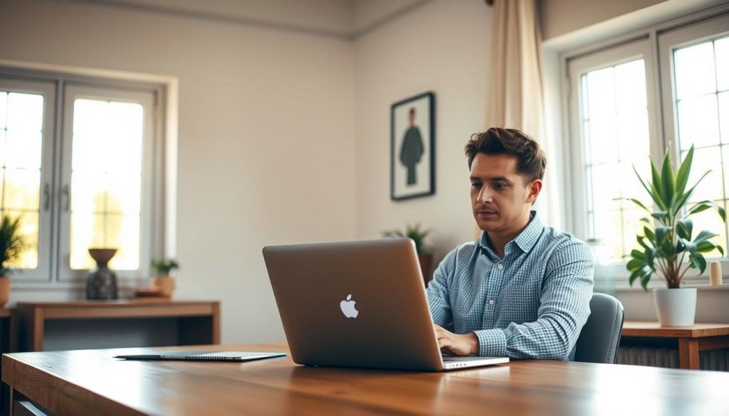 A cozy home office setting with a LIGHT PORTAGE laptop on a wooden desk, illuminated by warm, natural lighting from a large window. In the foreground, a freelance consultant is sitting at the desk, focused on their work, with a contemplative expression. The background features a minimal, minimalist decor, emphasizing the importance of a clean, uncluttered workspace for productive freelance work. The overall mood is one of quiet professionalism and efficiency, reflecting the value of a tailored freelance estimate.