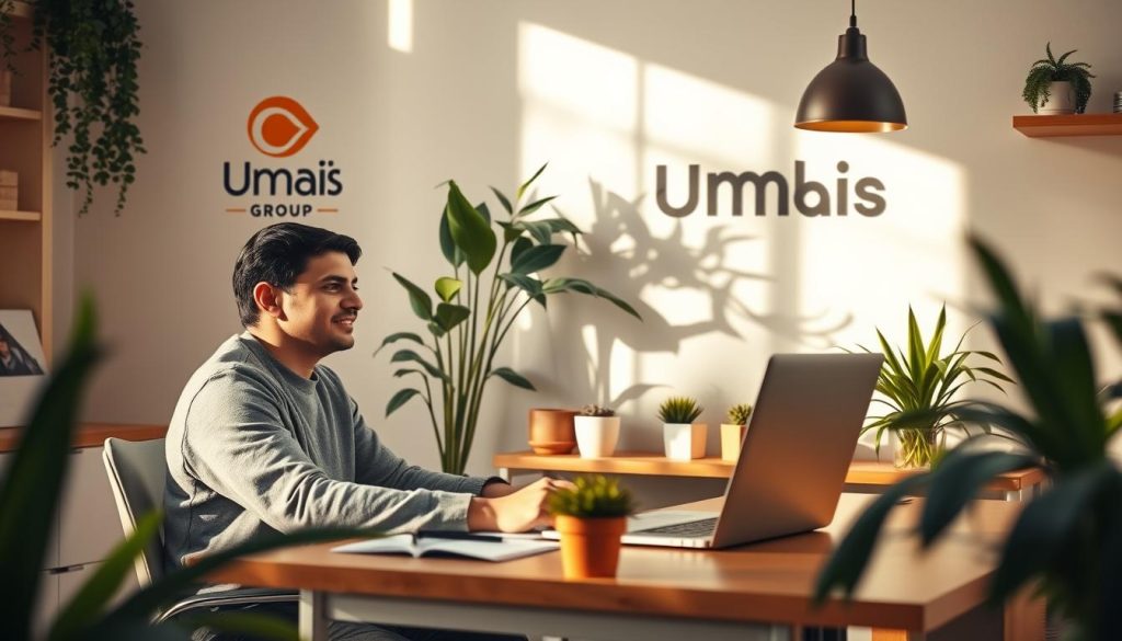 A cozy home office setting with a freelance trainer working diligently at a wooden desk, surrounded by plants and natural light. The Umalis Group logo is prominently displayed on the wall, highlighting the portage salarial solution that provides independence and flexibility. The trainer's expression conveys a sense of focus and contentment, emphasizing the advantages of this arrangement. Warm hues and a clean, modern aesthetic create an inviting and professional atmosphere.