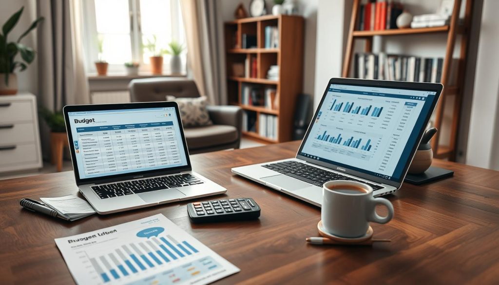 A cozy home office setup showcasing the costs and budget associated with remote work. In the foreground, a sleek desk made of dark wood, with a laptop open displaying a detailed budget spreadsheet, a calculator, and a cup of coffee. On the desk, scatter papers with budget graphs and charts illustrating expenses like internet, electricity, and home office supplies. In the middle ground, a comfortable chair and a bookshelf filled with business books. The background features a window with natural light pouring in, adding warmth to the scene. The atmosphere is professional yet inviting, reflecting an efficient and focused working environment. Include subtle branding elements of "UMALIS GROUP" in office decorative items. Soft, diffused lighting enhances the homey feel, with a slight depth of field focusing on the desk.