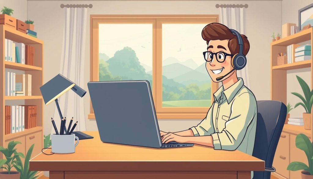 A cozy home office setup with a freelancer providing attentive customer support. In the foreground, a friendly person in casual attire sits at a wooden desk, headset on, focused on a laptop screen. Soft, warm lighting illuminates the scene, creating a welcoming atmosphere. In the middle ground, shelves display reference materials and organizational tools, conveying professionalism. The background features a large window overlooking a serene, natural landscape, symbolizing the flexibility and work-life balance of freelancing. The overall composition exudes a sense of expertise, empathy, and a commitment to delivering exceptional customer service.