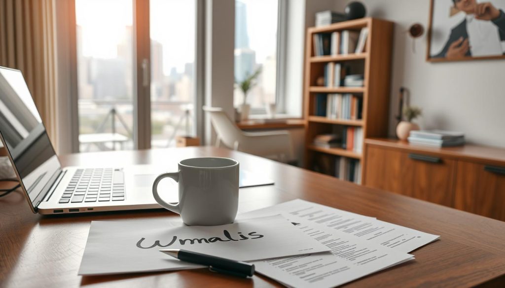 A cozy home office setup with a sleek laptop, a mug of steaming coffee, and various business documents neatly organized on a polished wooden desk. In the foreground, a hand-drawn "Umalis Group" logo sits atop the paperwork, hinting at the freelance services on offer. The middle ground features a well-lit, airy space with a minimalist aesthetic, complemented by a bookshelf filled with industry-relevant publications. In the background, a large window overlooks a bustling urban landscape, symbolizing the flexibility and connectivity of modern micro-entrepreneurship. The lighting is warm and inviting, creating a sense of professionalism and productivity.