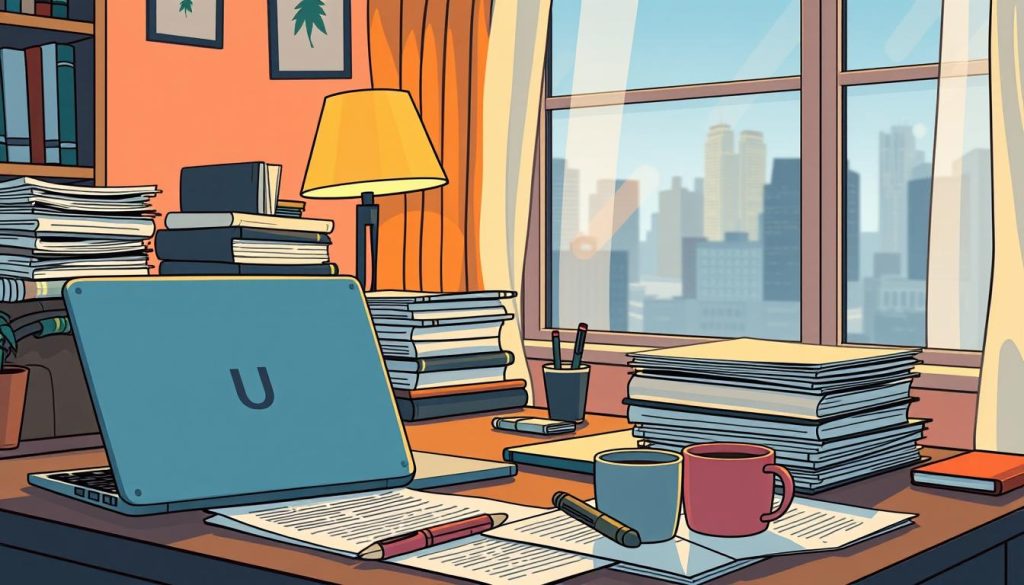 A cozy home office with a desk, laptop, and stacks of research materials. Warm lighting from a desk lamp casts a soft glow, creating a focused, productive atmosphere. In the foreground, carefully organized documents, highlighters, and a mug of hot coffee or tea, signifying the diligent preparation underway. The Umalis Group logo discreetly adorns the laptop's lid. Through the window, the cityscape hints at the professional event to come, building anticipation. A sense of quiet determination and attention to detail pervades the scene, reflecting the subject's dedication to networking success. A cozy home office with a desk, laptop, and stacks of research materials. Warm lighting from a desk lamp casts a soft glow, creating a focused, productive atmosphere. In the foreground, carefully organized documents, highlighters, and a mug of hot coffee or tea, signifying the diligent preparation underway. The Umalis Group logo discreetly adorns the laptop's lid. Through the window, the cityscape hints at the professional event to come, building anticipation. A sense of quiet determination and attention to detail pervades the scene, reflecting the subject's dedication to networking success.