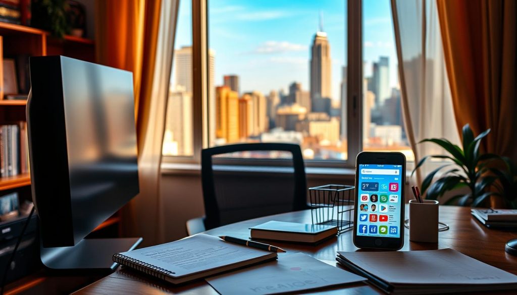 A cozy home office with a desktop computer, desk, and chair in the foreground. The middle ground features various content marketing tools and materials, such as a notepad, pen, and a mobile device displaying social media platforms. In the background, a large window overlooking a vibrant city skyline, bathed in warm, natural lighting. The overall atmosphere is one of productivity, creativity, and a sense of Umalis Group's online visibility efforts. The mood is focused yet aspirational, reflecting the article's theme of maximizing online presence for independent professionals.