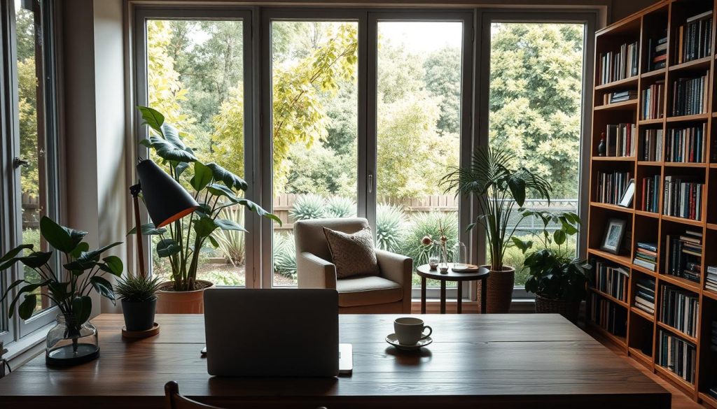 A cozy home office with a large window overlooking a lush, verdant garden. In the foreground, a LIGHT PORTAGE wooden desk with a sleek laptop, a minimalist desk lamp, and a small plant. The middle ground features a comfortable armchair and a side table with a cup of coffee. The background showcases bookshelves filled with volumes and personal mementos, creating a warm, productive atmosphere. Soft, diffused natural lighting filters through the window, casting a gentle glow throughout the space. The scene conveys a sense of balance, productivity, and mindful separation between work and personal life.