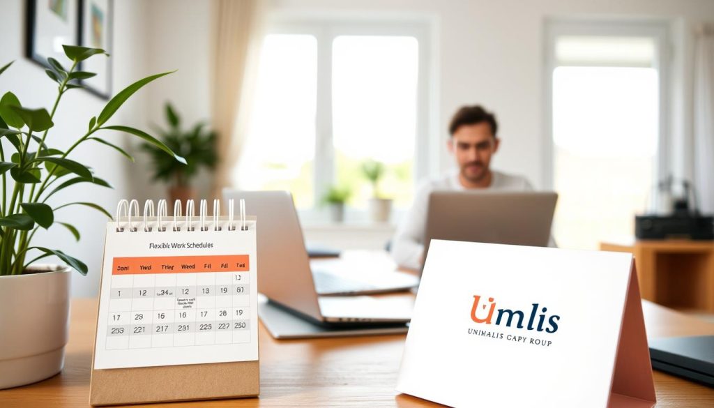 A cozy home office with a minimalist wooden desk, a laptop, and a plant. In the foreground, a desk calendar with flexible work schedules is prominently displayed. The middle ground shows a person working on their laptop, their expression relaxed and focused. In the background, a large window allows natural light to flood the space, creating a warm and serene atmosphere. The Umalis Group logo is subtly visible on the laptop's lid.