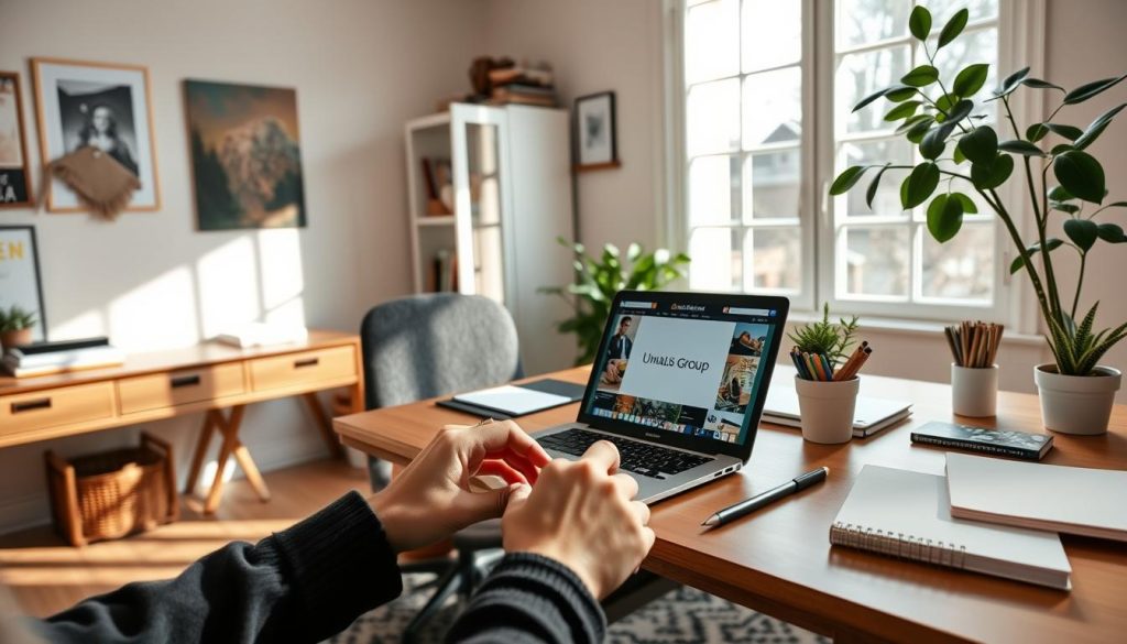 A cozy home office with a stylish desk, comfortable chair, and a large window allowing natural light to stream in. On the desk, a laptop, and various stationery items like pens, notepads, and a potted plant. In the foreground, a person's hands are engaged in crafting digital assets, such as designing social media graphics or web content for the Umalis Group brand. The overall atmosphere is one of focus, creativity, and a sense of professional fulfillment.