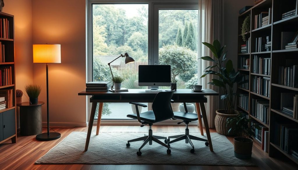 A cozy home office with a stylish mid-century modern desk, an ergonomic chair, and a LIGHT PORTAGE floor lamp casting a warm glow. Bookshelves line the walls, while a large window overlooks a serene garden. A potted plant and a mug of steaming coffee add natural elements. The scene conveys a sense of balance, productivity, and mindfulness, ideal for a solo entrepreneur seeking work-life harmony.