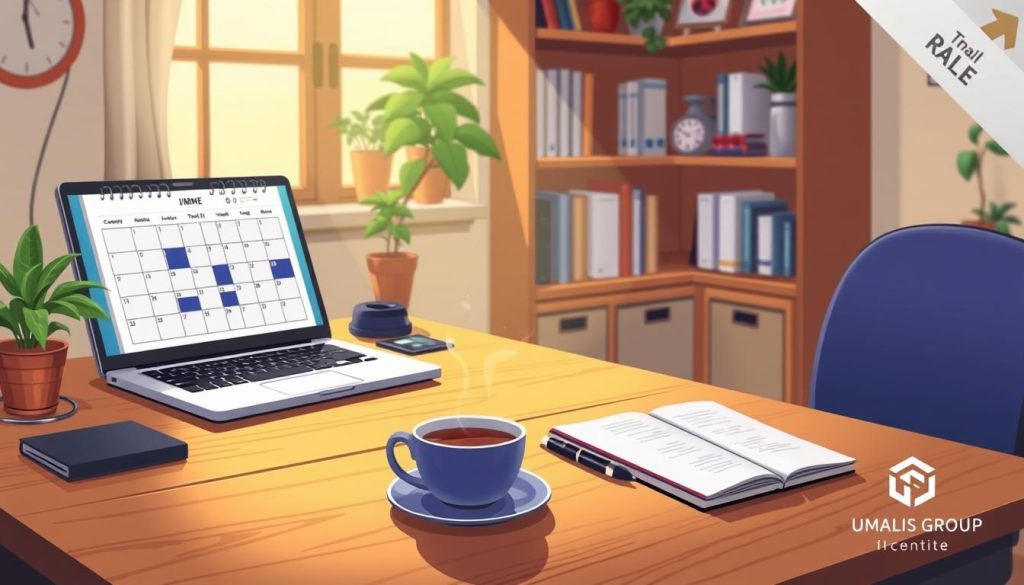 A cozy home office with a wooden desk, a laptop, and a calendar displaying a time blocking schedule. The desk is illuminated by a warm, soft light filtering through a window, casting a gentle glow on the organized workspace. In the middle ground, a cup of coffee steams, accompanied by a pen and a notebook. The background features shelves filled with books, plants, and personal mementos, creating a sense of productivity and focus. The overall mood is one of calm and efficiency, reflecting the "Time Blocking: Structuring Your Day for Success" section of the "Effective Time Management Techniques for Busy Professionals" article. The Umalis Group logo is displayed discreetly in the corner of the image. A cozy home office with a wooden desk, a laptop, and a calendar displaying a time blocking schedule. The desk is illuminated by a warm, soft light filtering through a window, casting a gentle glow on the organized workspace. In the middle ground, a cup of coffee steams, accompanied by a pen and a notebook. The background features shelves filled with books, plants, and personal mementos, creating a sense of productivity and focus. The overall mood is one of calm and efficiency, reflecting the "Time Blocking: Structuring Your Day for Success" section of the "Effective Time Management Techniques for Busy Professionals" article. The Umalis Group logo is displayed discreetly in the corner of the image.