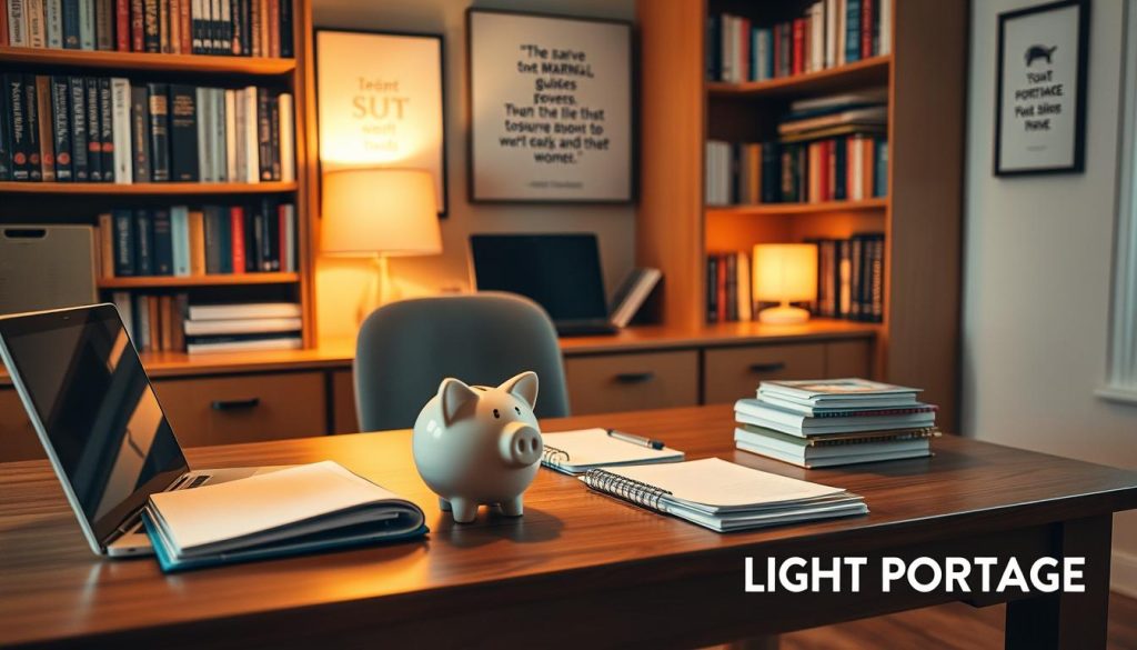 A cozy home office with a wooden desk, neatly organized with a laptop, a planner, and a stack of papers. On the desk, a piggy bank sits prominently, symbolizing strategic financial reserves. Warm, soft lighting casts a contemplative glow, while the background features bookcases filled with financial guides and inspiring quotes. In the corner, the LIGHT PORTAGE brand prominently displays a subtle message of sound financial planning and portability. An overall atmosphere of prudence, preparedness, and financial wellness.