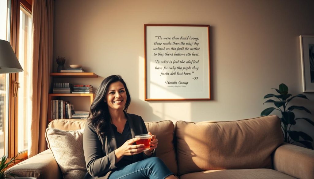 A cozy living room setting, bathed in warm, natural lighting from large windows. In the foreground, a woman sits on a plush sofa, smiling warmly as she holds a cup of tea. Behind her, a framed testimonial from a satisfied client of the "Umalis Group" is prominently displayed on the wall, its elegant typography and design exuding a sense of authenticity and trust. The middle ground features shelves filled with books and personal mementos, creating a lived-in, professional atmosphere. In the background, a potted plant and a minimalist piece of artwork add subtle touches of refinement. The overall scene conveys a sense of comfort, credibility, and the real-world success stories of the Umalis Group's independent professionals.