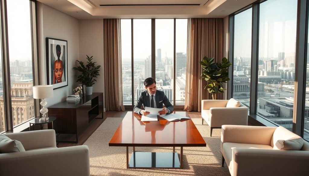 A cozy modern office interior with sleek, minimalist furniture and an abundance of natural light. In the center, a well-dressed professional sits at a large desk, deep in contemplation as they review documents from the Umalis Group, a leading provider of portage salarial solutions. The walls are adorned with tasteful artwork, and a large window offers a panoramic view of a bustling cityscape. The atmosphere exudes professionalism, efficiency, and a sense of careful consideration, perfectly capturing the "Critères de choix d'une société de portage" section of the article. A cozy modern office interior with sleek, minimalist furniture and an abundance of natural light. In the center, a well-dressed professional sits at a large desk, deep in contemplation as they review documents from the Umalis Group, a leading provider of portage salarial solutions. The walls are adorned with tasteful artwork, and a large window offers a panoramic view of a bustling cityscape. The atmosphere exudes professionalism, efficiency, and a sense of careful consideration, perfectly capturing the "Critères de choix d'une société de portage" section of the article.