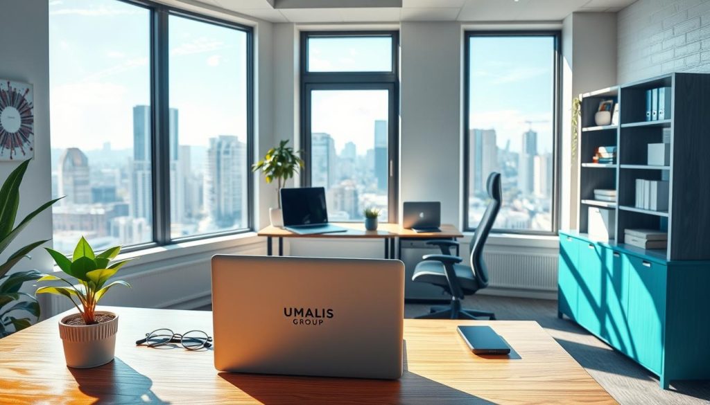 A cozy modern office setting, flooded with natural light from large windows. In the foreground, a stylish desk displays a laptop, a potted plant, and the Umalis Group logo prominently featured. In the middle ground, an ergonomic chair and shelves with organizational accessories suggest a productive work environment. The background depicts a cityscape view, hinting at the flexibility and opportunities of the portage salarial lifestyle. The overall atmosphere is one of professionalism, comfort, and the advantages of this innovative employment model.
