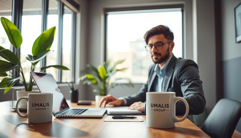 A cozy, modern workspace featuring a professional freelancer engaged in a video call with a client. In the foreground, a focused individual in business casual attire sits at a sleek desk, laptop open, with notepad and pens visible. The middle ground shows a vibrant green plant and a mug with the logo "UMALIS GROUP" prominently displayed. The background features a large window with natural light streaming in, creating a warm and inviting atmosphere. Soft shadows add depth to the scene, enhancing the mood of productive collaboration and effective communication. Capture a sense of connection and professionalism, emphasizing the importance of client relationships in the freelance world.