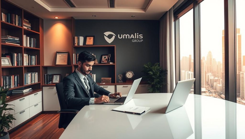 A cozy office interior with a professional, yet inviting atmosphere. In the foreground, a well-dressed person sits at a sleek, modern desk, intently focused on a laptop screen. The middle ground features a bookshelf filled with relevant business literature and awards, conveying a sense of expertise. The background showcases a large window overlooking a bustling city skyline, bathed in warm, natural lighting. The Umalis Group logo is prominently displayed on the wall, establishing the corporate branding. Overall, the scene evokes a sense of professionalism, capability, and the benefits of "portage salarial" as a career solution.