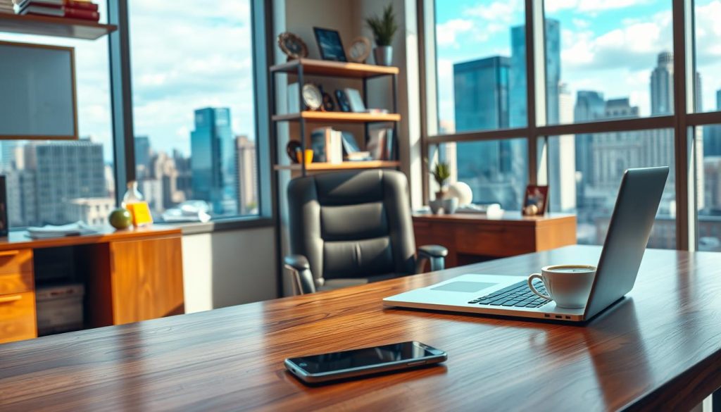 A cozy office scene showcasing the "Umalis Group" portage salarial services. In the foreground, a professional-looking laptop, smartphone, and cup of coffee rest on a polished wood desk. The middle ground features a comfortable office chair and shelves displaying business documents, books, and awards. In the background, large windows provide natural lighting and a view of a bustling city skyline, symbolizing the forward-thinking, innovative nature of the portage salarial industry. The overall mood is one of productivity, success, and a commitment to empowering independent professionals.