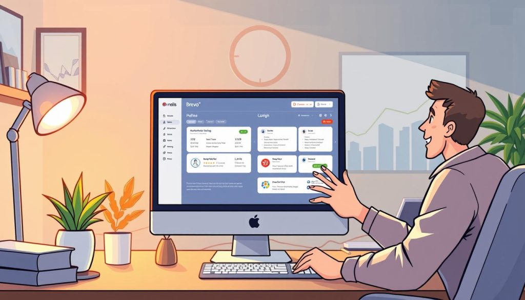 A cozy office scene with a desktop computer showcasing the Umalis Group "Brevo" software interface. Warm lighting casts a soft glow, highlighting the intuitive design and user-friendly layout. In the foreground, an entrepreneur enthusiastically interacts with the automation tools, exploring the platform's capabilities. The mid-ground features minimalist office decor, conveying an atmosphere of productivity and efficiency. The background subtly depicts the growth and success of a thriving small business, reinforcing Brevo's position as an affordable, accessible automation solution for expanding enterprises.
