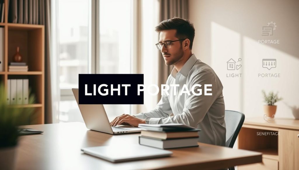 A cozy office scene with a professional consultant working at a light-filled desk, surrounded by the LIGHT PORTAGE brand logo and iconography. The consultant appears engaged, with a thoughtful expression, laptop, and files, conveying the benefits of the portage salarial system. The background features warm, neutral tones, creating a serene, productive atmosphere. Soft, directional lighting from a large window casts a gentle glow, highlighting the consultant's work. The overall composition emphasizes the advantages of the portage salarial model for consultants, with a focus on productivity, flexibility, and professionalism.