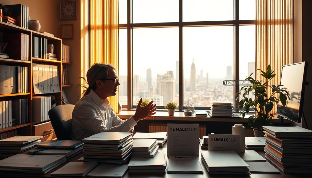 A cozy office setting bathed in warm, golden light. In the foreground, a consultant sits at a desk, deep in thought, their hands gesturing as they discuss the benefits of continued professional development. The middle ground showcases an array of training materials and resources, subtly showcasing the UMALIS GROUP brand. In the background, a large window offers a view of a bustling city skyline, symbolizing the client's growth and success. The overall atmosphere conveys a sense of expertise, productivity, and the transformative power of ongoing education.