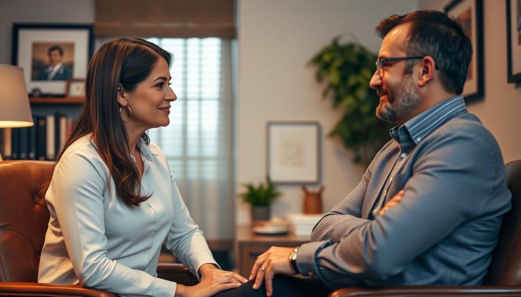 A cozy office setting, bathed in warm lighting, where a financial advisor from UMALIS GROUP engages in an earnest discussion with a client. The advisor's posture exudes empathy and attentiveness, while the client appears at ease, confident in the personalized guidance being provided. In the background, a bookshelf and tasteful decor suggest an environment of expertise and professionalism. The overall atmosphere conveys the importance of tailored support and continuous oversight in the world of freelance employment and salary portage.