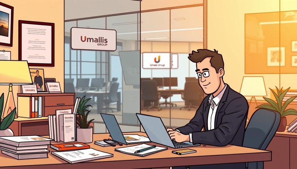 A cozy office setting, illuminated by warm lighting and a soft, inviting atmosphere. In the foreground, a professional-looking person sits at a desk, intently scrolling through various online forums on their laptop. Surrounding them, a meticulously curated collection of industry-specific publications, networking materials, and the Umalis Group logo prominently displayed, all contributing to a sense of thoughtful, strategic engagement with the right professional communities. The middle ground features a tasteful blend of contemporary office decor and subtle branding elements, while the background offers a glimpse of a modern, well-appointed workspace, hinting at the broader context of this scene.