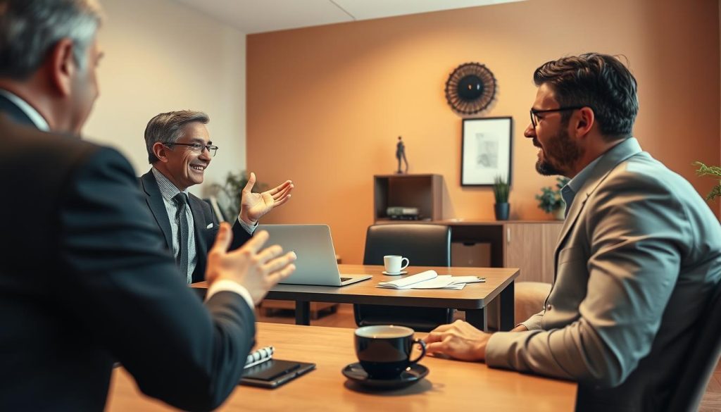 A cozy office setting with a businessperson engaged in animated discussion with a client. The foreground features the two figures, one gesturing expressively while the other listens intently, conveyed through lifelike poses and facial expressions. The middle ground showcases a neatly organized desk with a laptop, documents, and a cup of coffee, suggesting an atmosphere of professional discourse. The background depicts warm, neutral-toned walls adorned with minimal decor, creating a sense of focus and productivity. Soft, directional lighting casts gentle shadows, enhancing the sense of depth and intimacy. The overall mood conveys effective client communication through body language, eye contact, and a collaborative workspace.