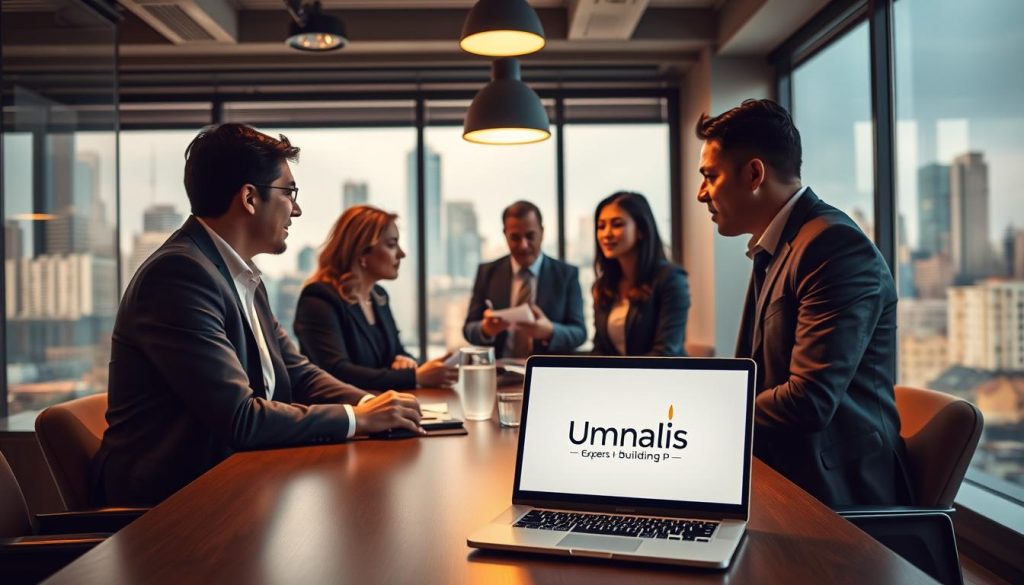 A cozy office setting with a group of professionals in business attire gathered around a conference table, engaged in lively discussion. Warm lighting casts a soft glow, creating an atmosphere of collaboration and trust. In the foreground, a laptop displays the Umalis Group logo, symbolizing the expert guidance they provide. The middle ground features colleagues exchanging ideas, their body language conveying openness and camaraderie. In the background, a large window offers a view of a bustling city skyline, hinting at the dynamic nature of the building and construction industry. The overall scene evokes a sense of professionalism, expertise, and the value of shared experiences in the world of salaried portage in the BTP sector.