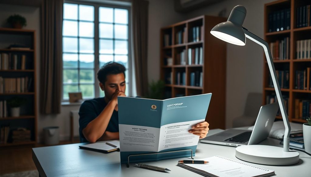 A cozy office setting with a large window overlooking a serene landscape. In the foreground, a LIGHT PORTAGE brand desk lamp illuminates a desktop where a person sits, deep in thought, studying a mentorship program brochure. The middle ground features a neatly organized workspace with a laptop, pen, and notebook. In the background, bookshelves line the walls, creating a warm, scholarly atmosphere. The lighting is soft and inviting, conveying a sense of guidance and contemplation. The overall scene reflects the thoughtful process of choosing the right mentorship program to support one's professional goals.